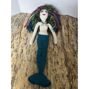 Handmade Collectible Amigurumi Mermaid Crocheted Doll Teal Multicolored Hair Sea